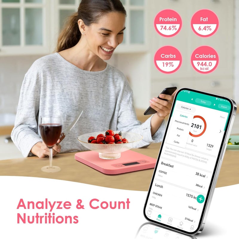 URAMAZ Smart Food Scale for Weight Loss, Digital Food Scale Grams and Ounces with Nutritional Calculator, Food Weight Scale for Diet, Keto, Macro, Calories Counting, Meal Prep 0.1oz/11lb (Pink) - Image 2